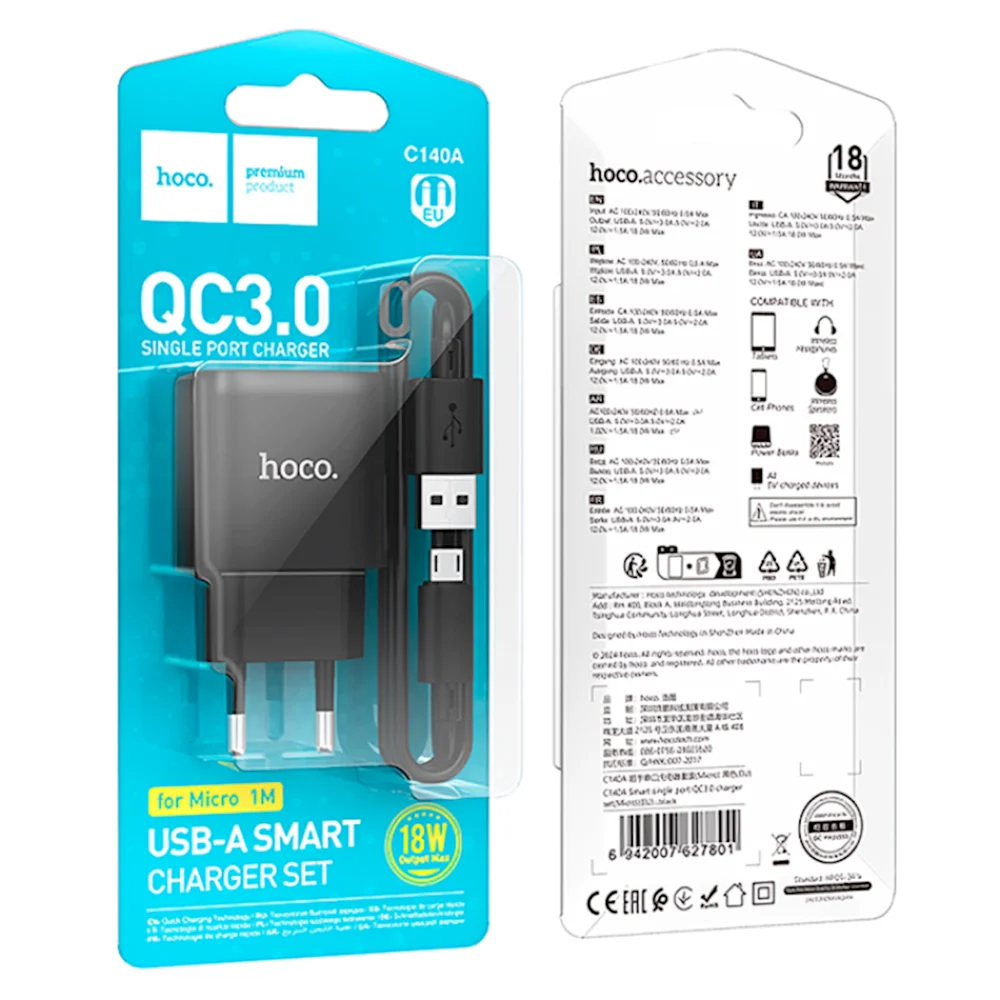 Hoco C140A QC3.0 18W + MicroUSB Cable Black - 2