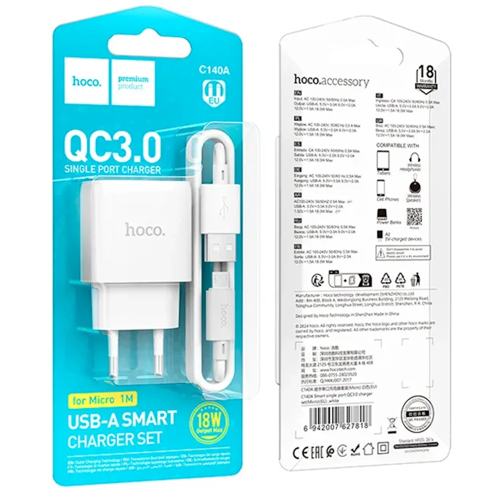 Network Power Adapter Hoco C140A QC3.0 18W + MicroUSB Cable White - 2