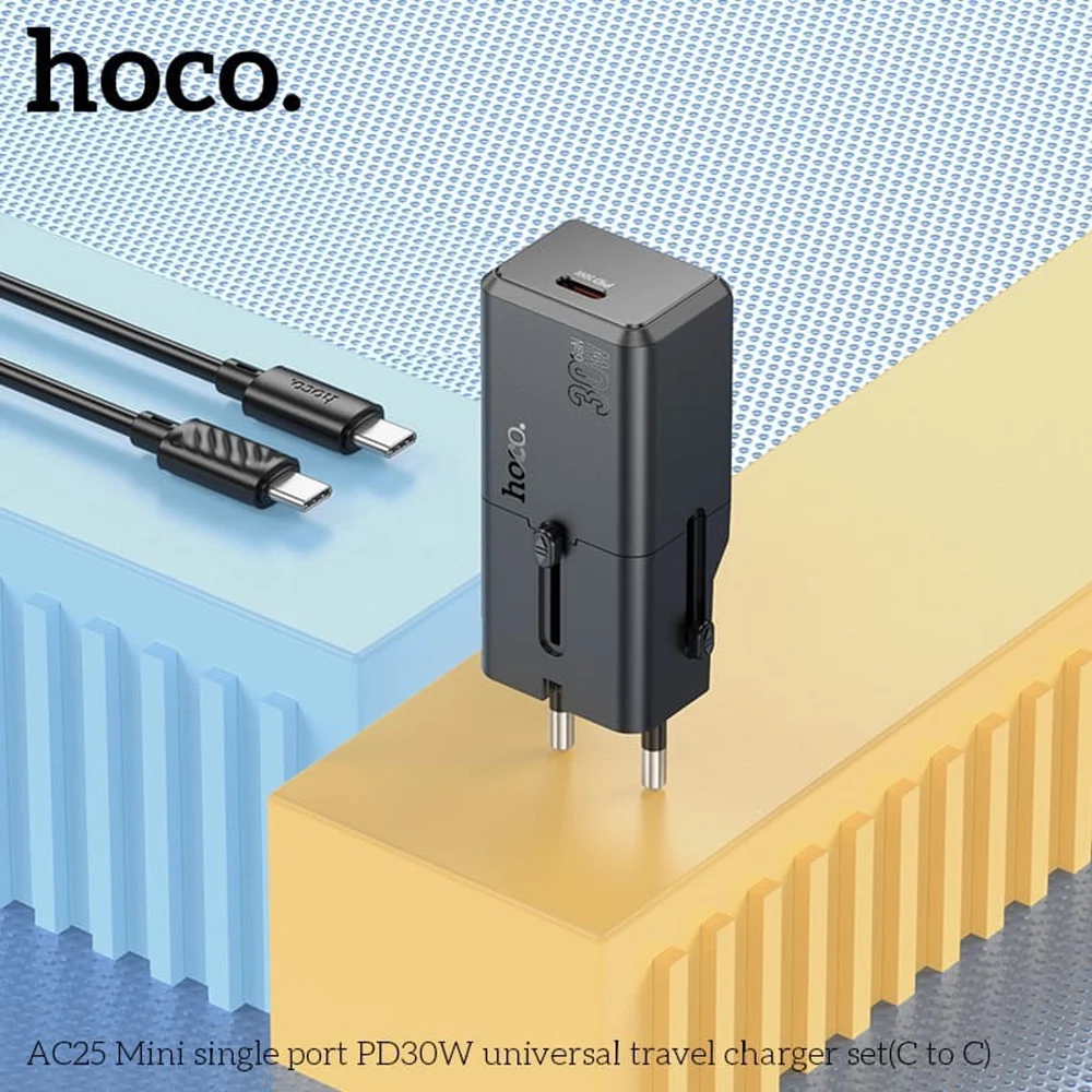 Сетевое зарядное устройство Hoco AC25 Mini с USB-C на USB-C PD30W Черное - 6