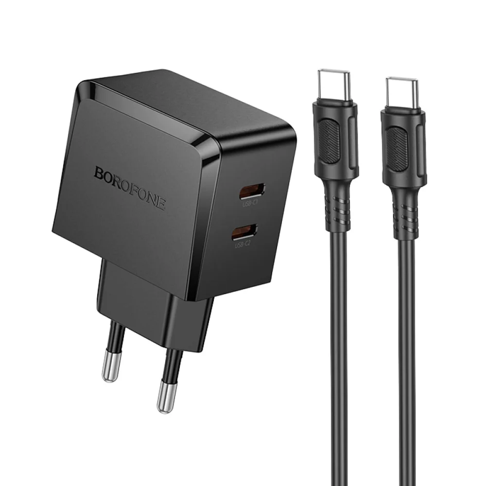 Borofone BAS62A Network Charging Device, 2 Type-C, PD45W, 3A, 45V (PD/QC/FCP/AFC), Plastic, Black, Type C (Euro)