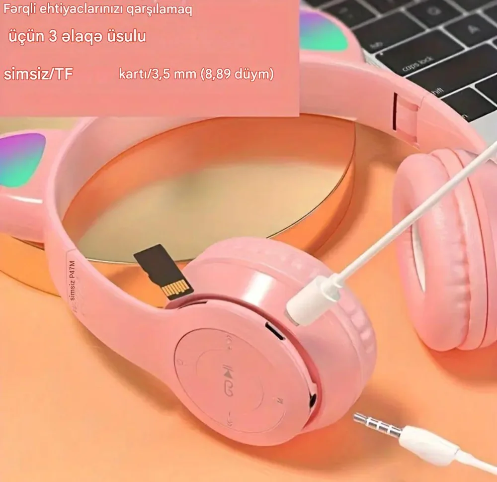 Kablosuz kulaklık P47M Led ışıklı kedi kulakları, pembe - 2