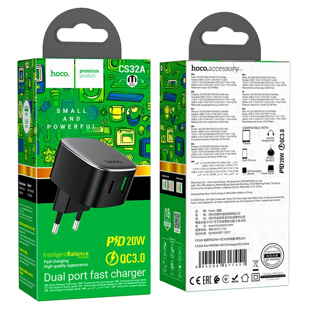 Сетевое зарядное устройство CS32A Rise PD20W + QC3.0, Черное - 3