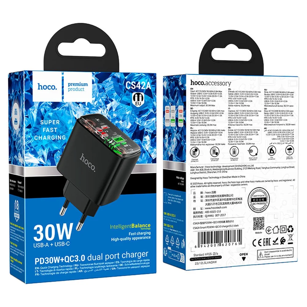 Hoco CS42A Smart PD30W + QC3.0 Type-C + USB-A, Siyah
