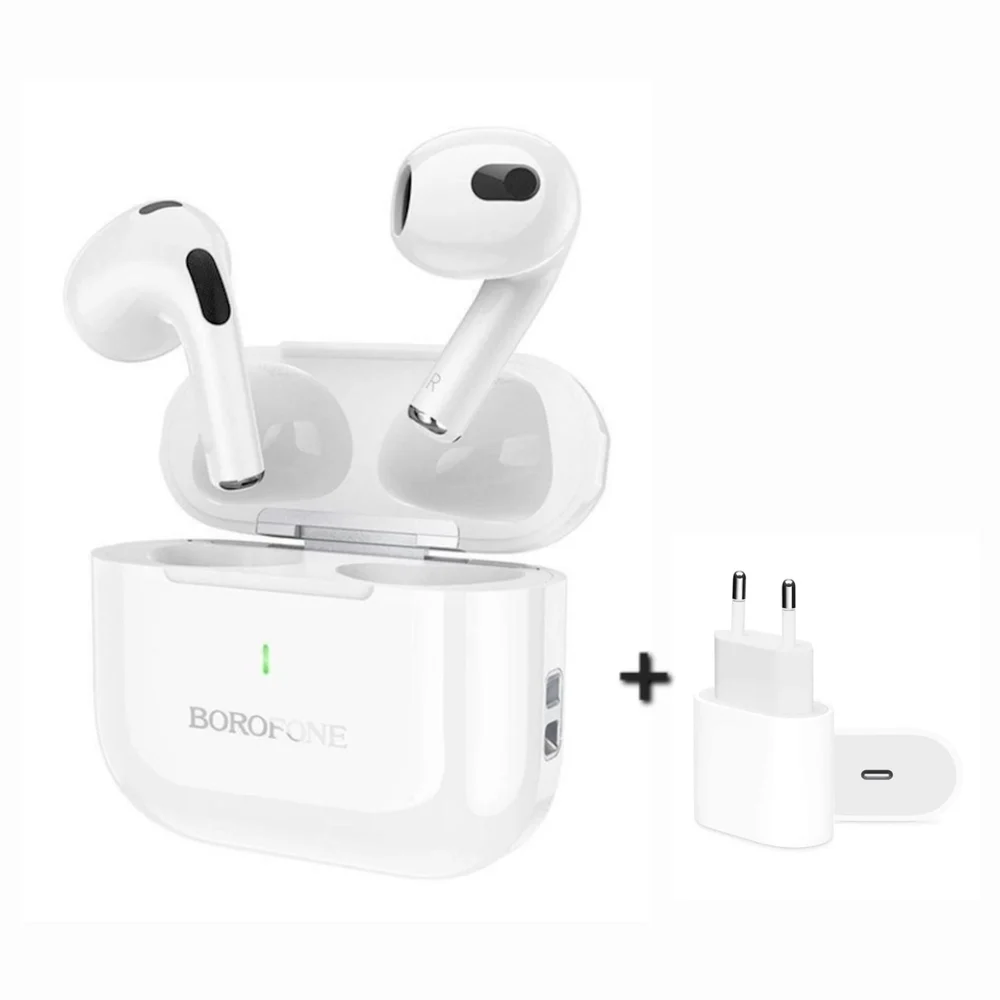 Borofone BW58 White Wireless Earbuds and Gift PD20W White Adapter