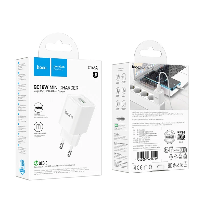 Tek portlu, hızlı QC 3.0 şarj adaptörü,Hoco C145A