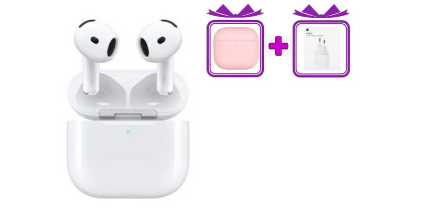Kablosuz kulaklık Airpods 4 + Pembe kılıf + adaptör