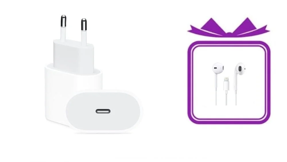 Адаптер 20W - 2в1PD белый с подарком наушники Lightning