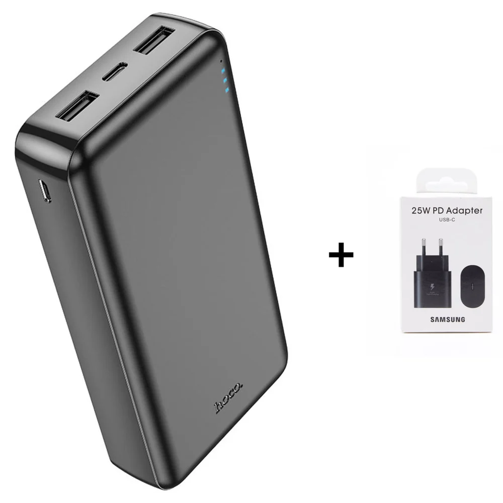 Dış akü Hoco J100A 20000mAh Siyah + Hediye şebekeli enerji toplama cihazı Samsung PD 25W Siyah