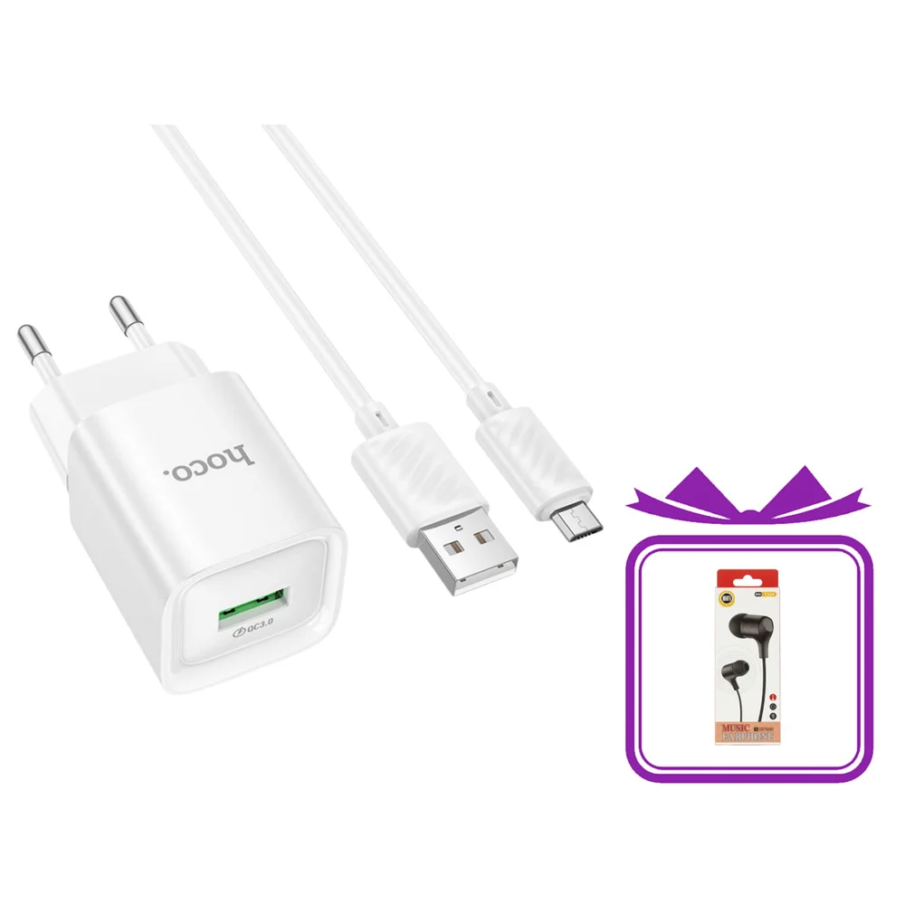 Single Port Fast QC 3.0 Charger Adapter, Hoco C145A and Gift Earphones