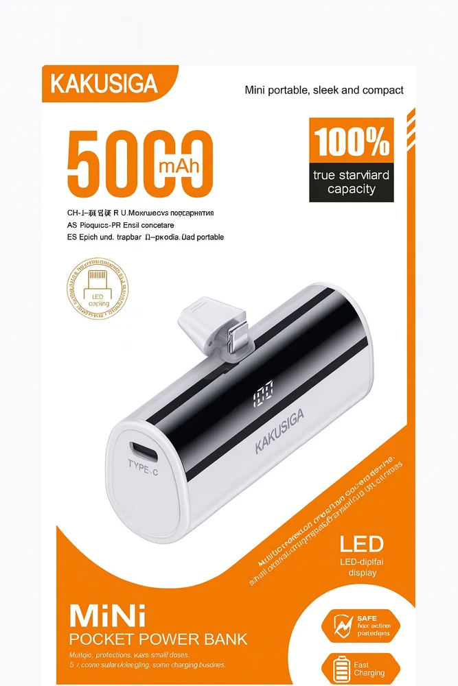 Kakusiga Mini Power Bank 5000mAh, LED Ekran, Type-C Giriş, Hızlı Şarj
