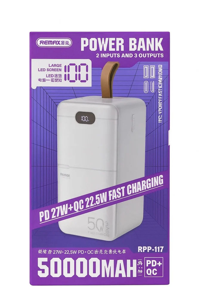 Remax RPP-117 Powerbank 50000mAh, PDQC hızlı şarj, LED ekran