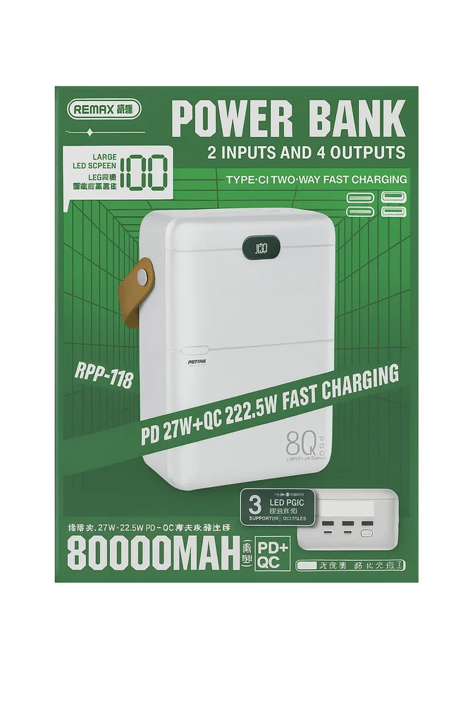 Remax Powerbank RPP-118, 80000mAh, PD 27W QC 22.5W быстрая зарядка, LED индикатор, 4 выхода