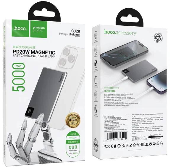 Hoco CJ28 5000 mAh Gri Taşınabilir Şarj Aleti