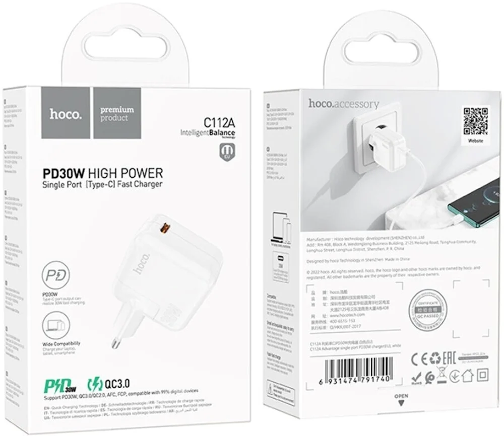 Şəbəkə enerji toplama cihazı Hoco C112A 30W Type-C ağ - 3