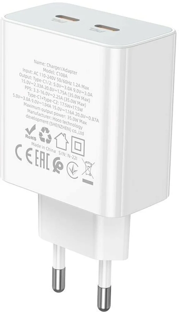 Ağ Şarj Adaptörü Hoco C108A dual port Type-C beyaz - 4
