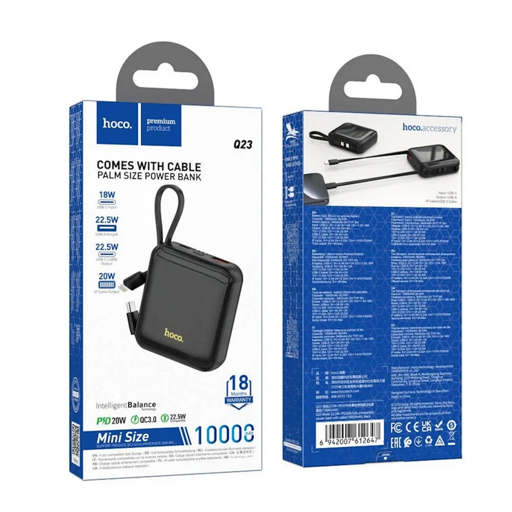 Dış akü Hoco Q23 Mini Type-C & Lightning Kablo Built 10000 mAh Siyah