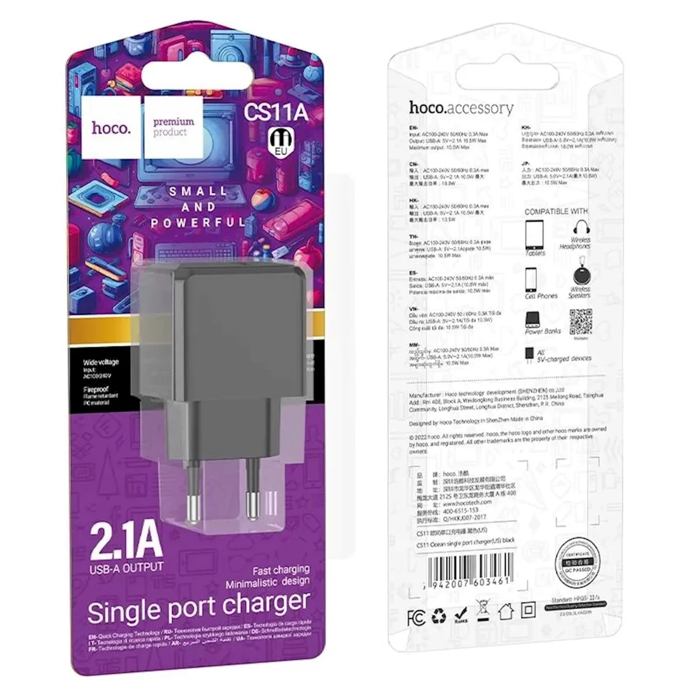 Hoco CS11A USB 2.1A Power Adapter, Black - 4